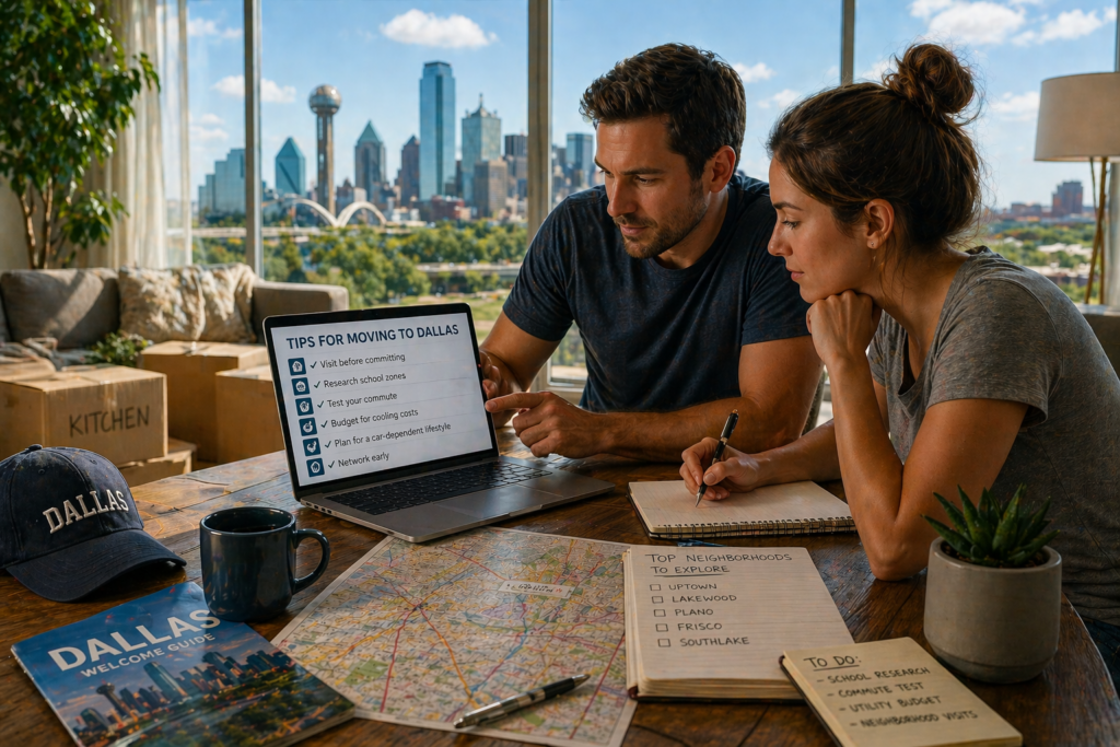 Couple planning their move to Dallas in Texas with checklist, map, and laptop, overlooking the Dallas skyline in a bright summer setting