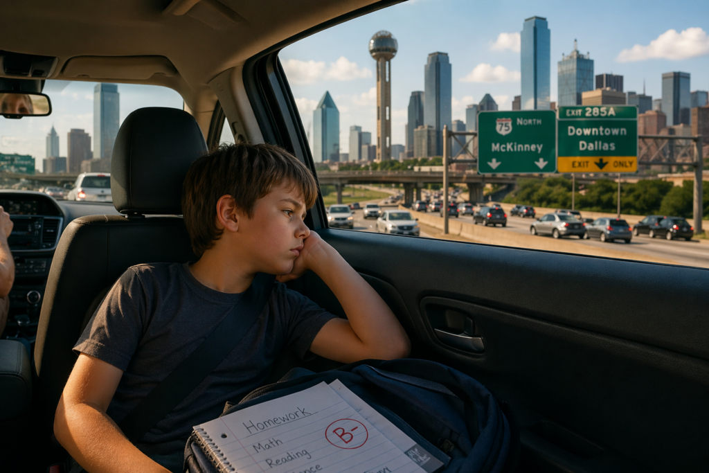 Child sitting in car during Dallas commute looking out window with homework, illustrating transportation in Dallas Texas and its impact on school routines