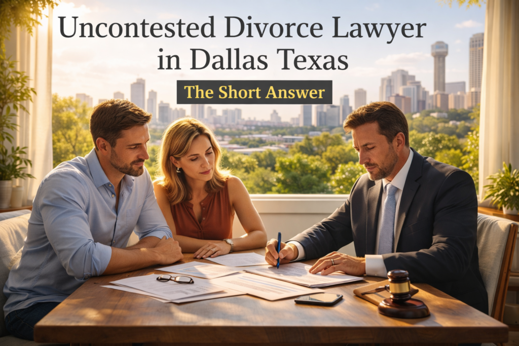 Couple reviewing uncontested divorce paperwork with a lawyer at a table in Dallas Texas with skyline view