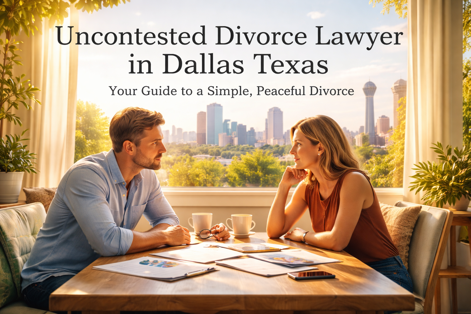 Couple discussing an uncontested divorce at a kitchen table in Dallas Texas with skyline view