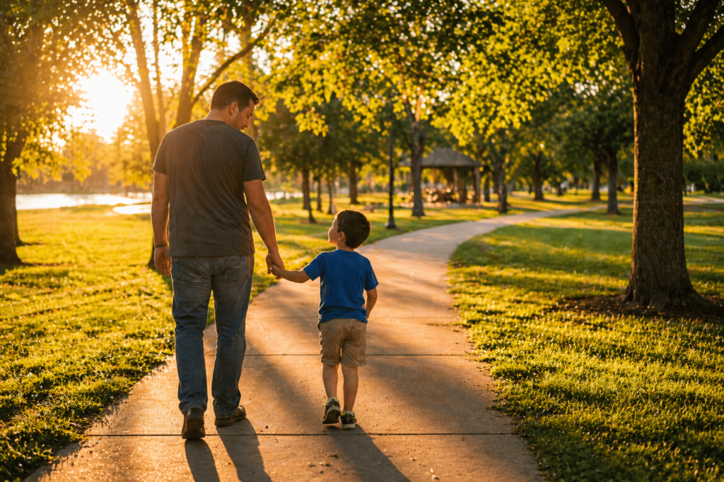 A parent and child are walking hand-in-hand through a sunlit park, surrounded by lush greenery and warm golden lighting, symbolizing the importance of spending quality time together. This scene reflects the essence of visitation rights, emphasizing the child's well-being and the nurturing relationship between the custodial and non-custodial parent.