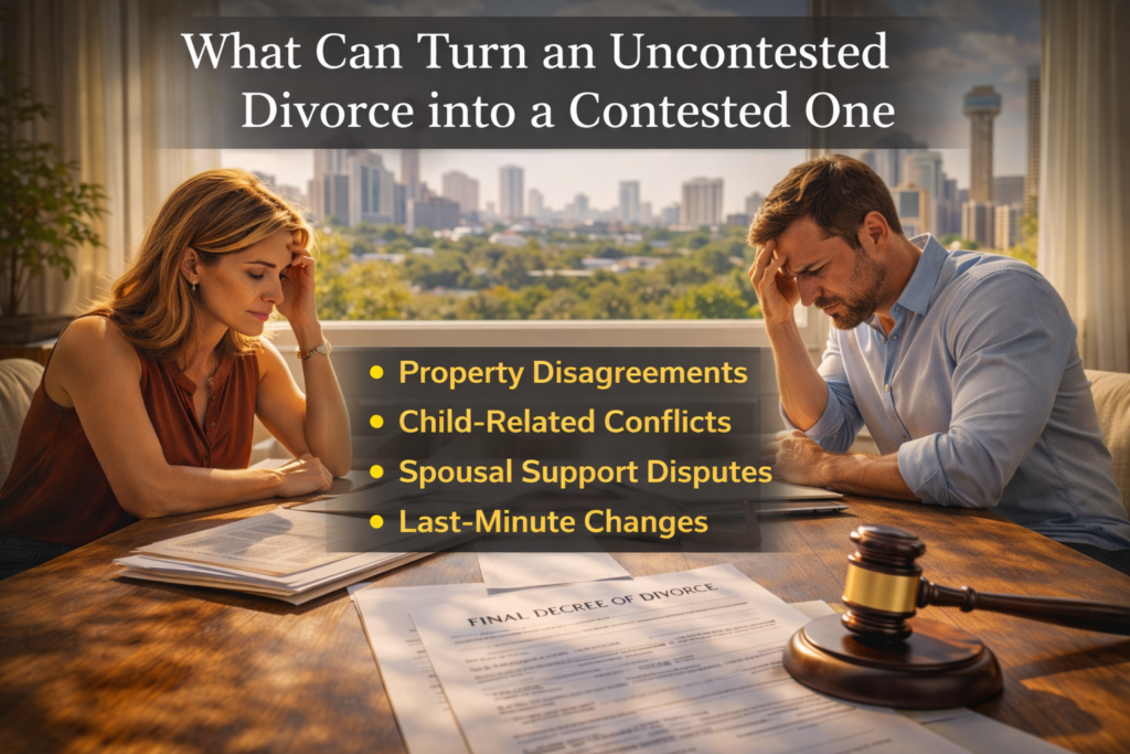 Couple sitting across from each other reviewing divorce papers with visible tension in a sunlit Dallas home setting