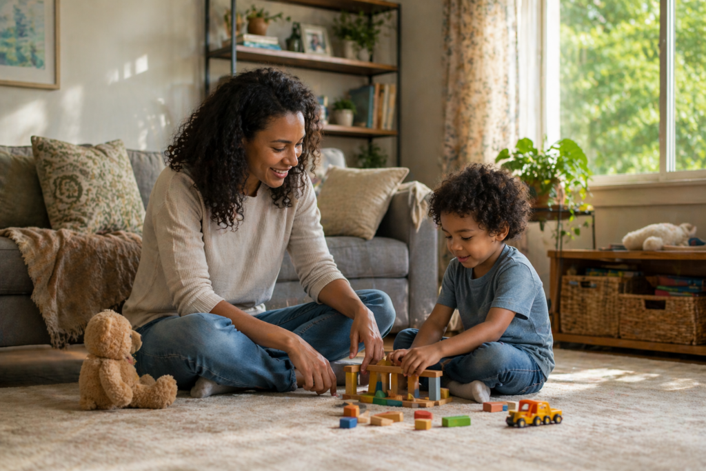 The image depicts a serene family scene featuring a parent and child engaged in a nurturing interaction within a cozy home environment. This setting emphasizes the importance of child support arrangements and the emotional bond between the custodial parent and their child, highlighting the need for financial support and legal representation in child support cases.