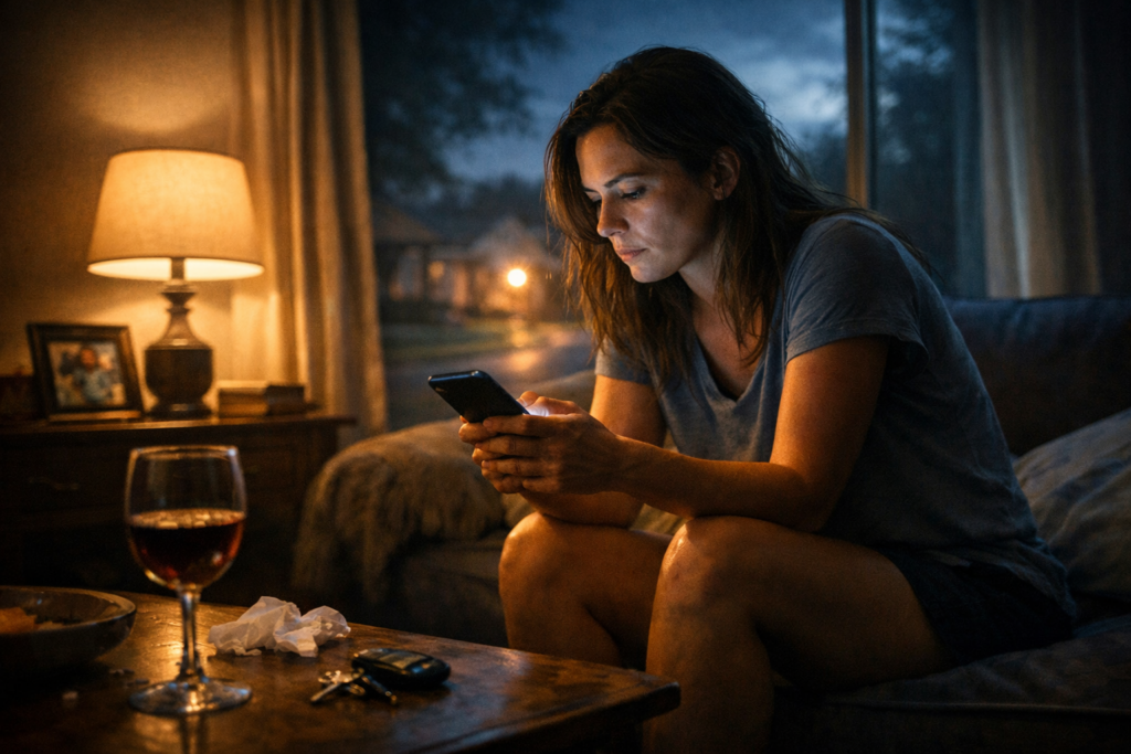 Woman sitting alone at night looking at phone during stressful family situation reflecting uncertainty before contacting a Texas family law attorney