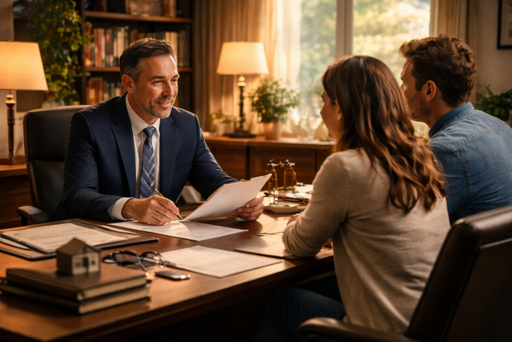 The image depicts a professional legal consultation setting, featuring a desk cluttered with documents and warm lighting that creates a welcoming atmosphere. Comfortable office chairs suggest a space where an experienced family law attorney can provide compassionate guidance on family law matters, including child custody agreements and divorce proceedings.