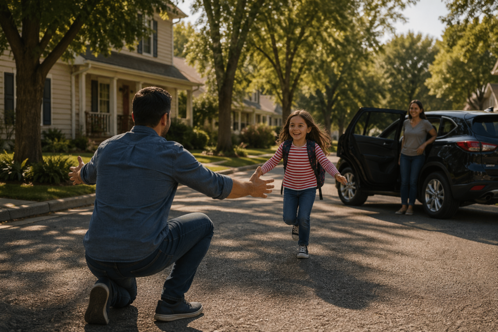 Child running to embrace parent during visitation exchange on a sunny suburban Texas street