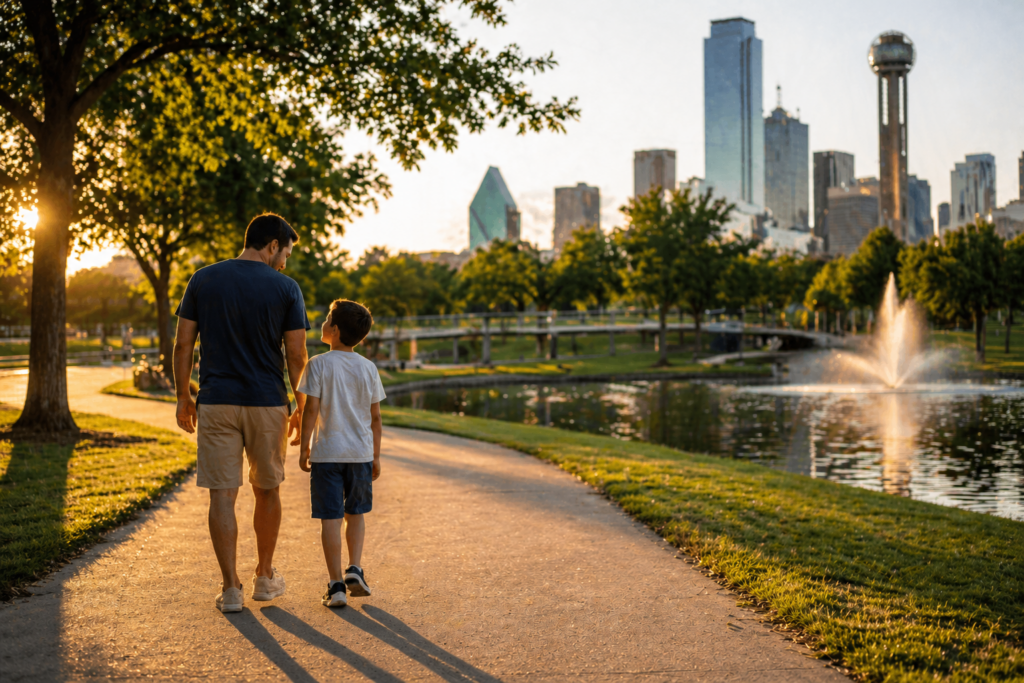 A parent and child stroll together in a serene Dallas park during golden hour, showcasing the warmth of their relationship. This image reflects the importance of shared moments in a non-custodial parent's visitation schedule, emphasizing the child's best interest and the joy of parenting time.