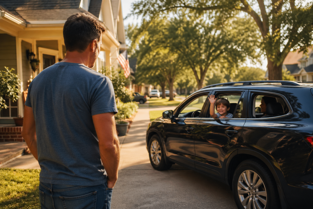 Parent watching child leave in car during visitation exchange in Texas neighborhood driveway