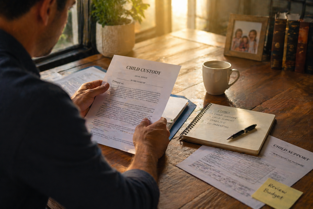 A person is seated at a table, reviewing legal paperwork related to family law, with a notebook and pen beside them, illuminated by warm lighting. This scene reflects the important considerations of child support and custody arrangements, emphasizing the complexities of the divorce process and the parent-child relationship.