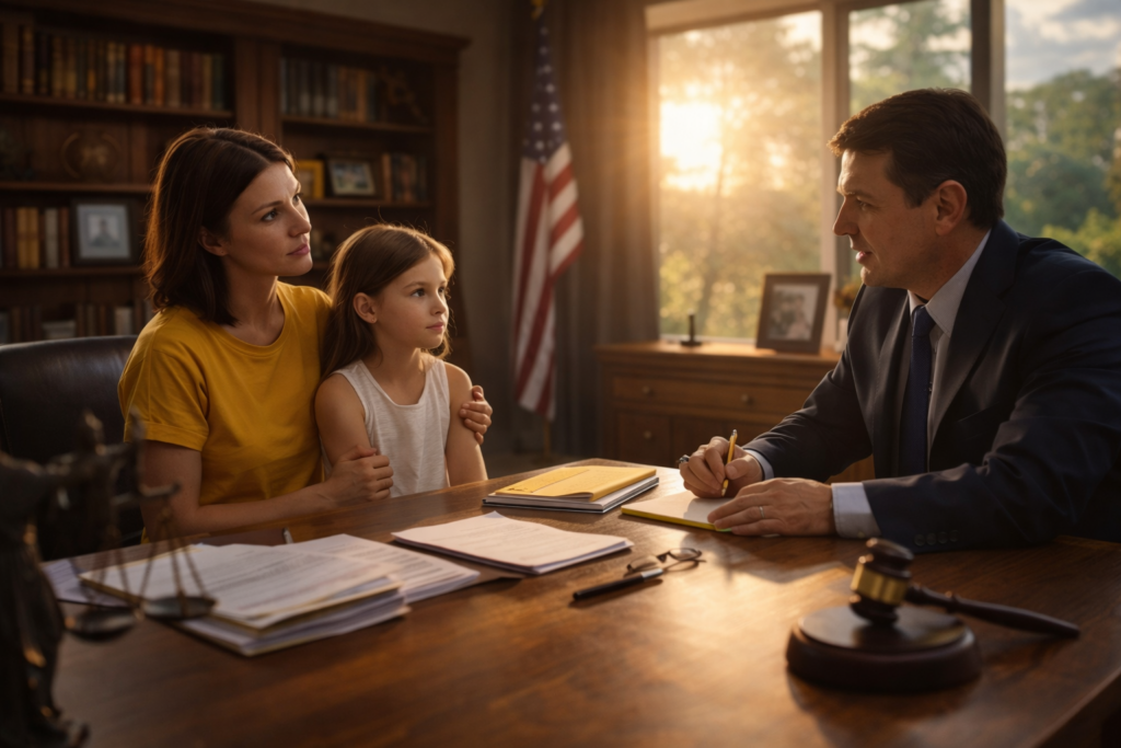 Mother and young daughter meeting with a family law attorney in a sunlit office, representing Mothers Rights in Richmond Texas and custody guidance