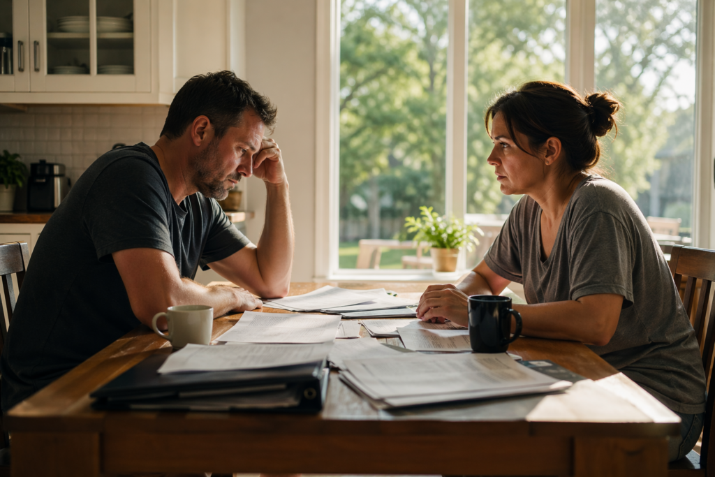 Couple at kitchen table discussing divorce issues and finances in Texas