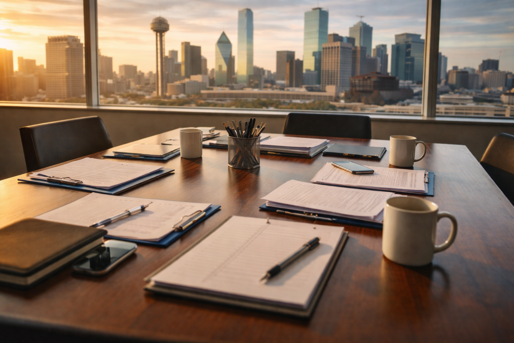 The image shows a wide-angle view of a professional conference table covered with various documents and notebooks, suggesting a setting for dispute resolution discussions, possibly involving mediation services related to family law or business disputes. The organized layout indicates preparation for a meeting, likely addressing topics such as divorce mediation or employment law in Dallas, Texas.