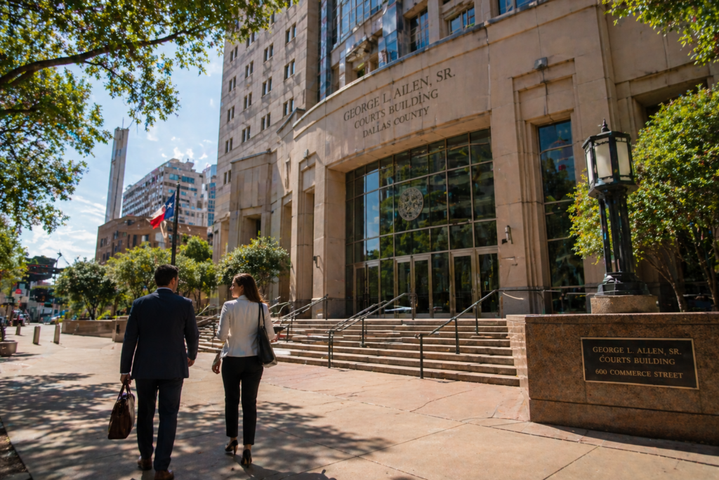 Dallas County courthouse exterior with professionals walking toward entrance on a sunny day, representing family court proceedings and legal process