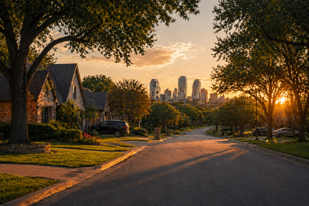 The image depicts a peaceful suburban neighborhood in Dallas at sunset, featuring tree-lined streets that evoke a warm family atmosphere. This tranquil setting reflects the importance of nurturing parent-child relationships and the significance of visitation rights for non-custodial parents in Texas.