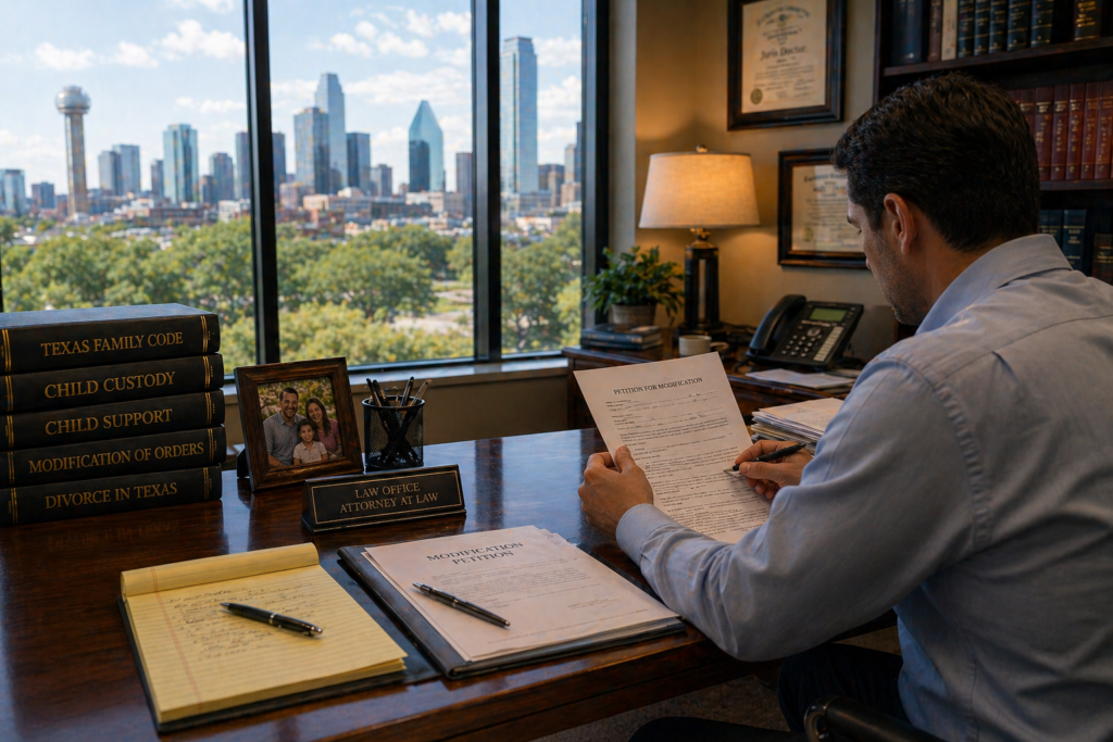 Attorney reviewing a modification petition in a Dallas office with skyline view, representing changes to custody, child support, and family law court orders
