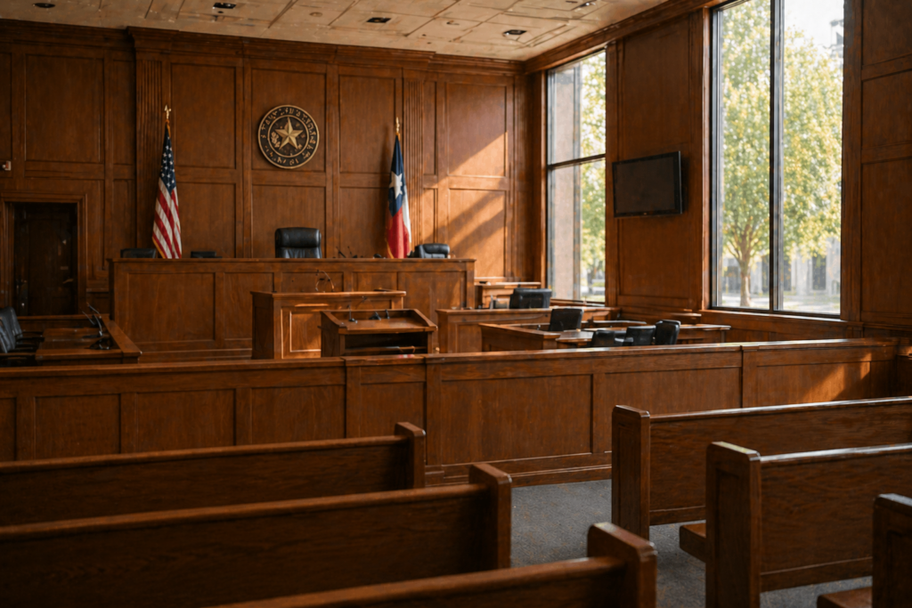 The image depicts a calm courtroom interior, illuminated by natural light streaming through the windows, with empty benches and no people present. This serene setting reflects the environment where child custody and visitation rights, such as the Texas standard possession order, are often discussed and decided.
