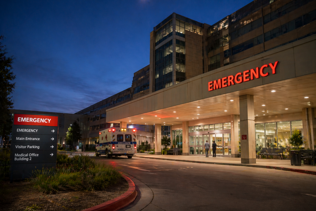 Wide-angle view of a Dallas hospital emergency entrance at dusk with illuminated emergency sign and ambulance, representing urgent care access and emergency services