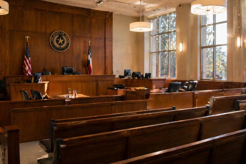 The image depicts a modern Texas courtroom interior bathed in warm natural light, featuring empty wooden benches and a judge's bench, symbolizing the legal process involved in family law matters such as divorce proceedings and child custody arrangements. The serene atmosphere suggests a place where thoughtful legal guidance is sought for contested divorce or common law marriage cases in Texas.