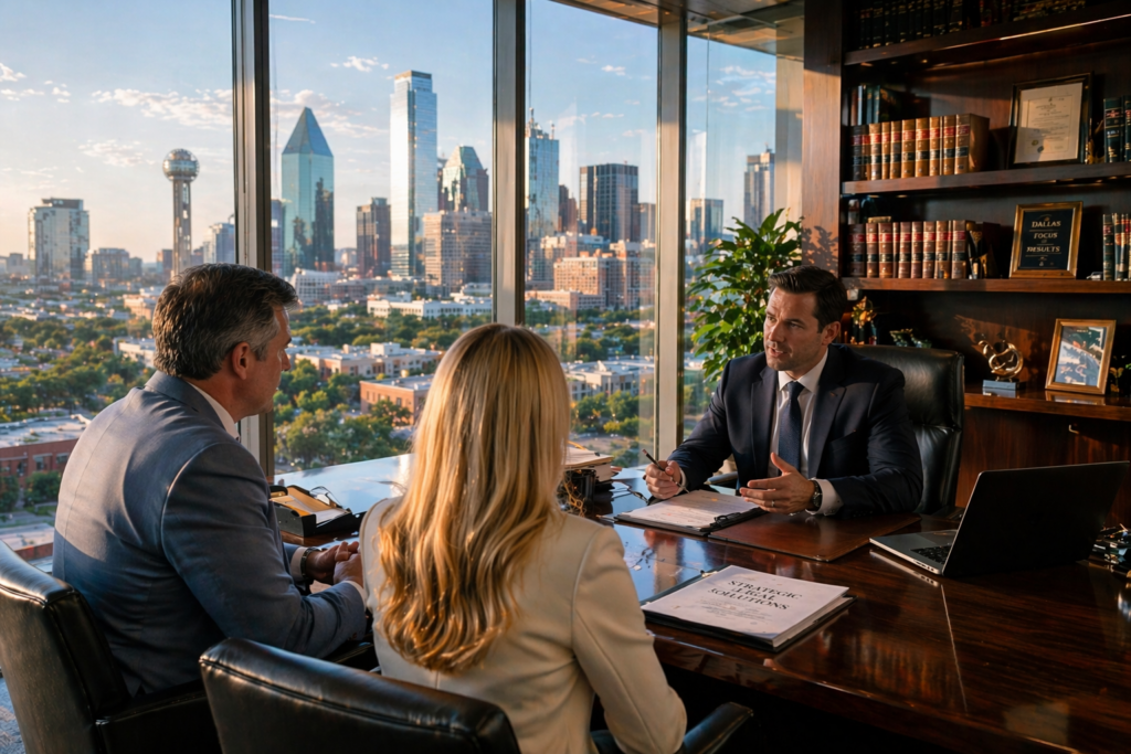 High net worth divorce attorney Dallas Texas meeting with clients in modern office discussing complex asset division strategy