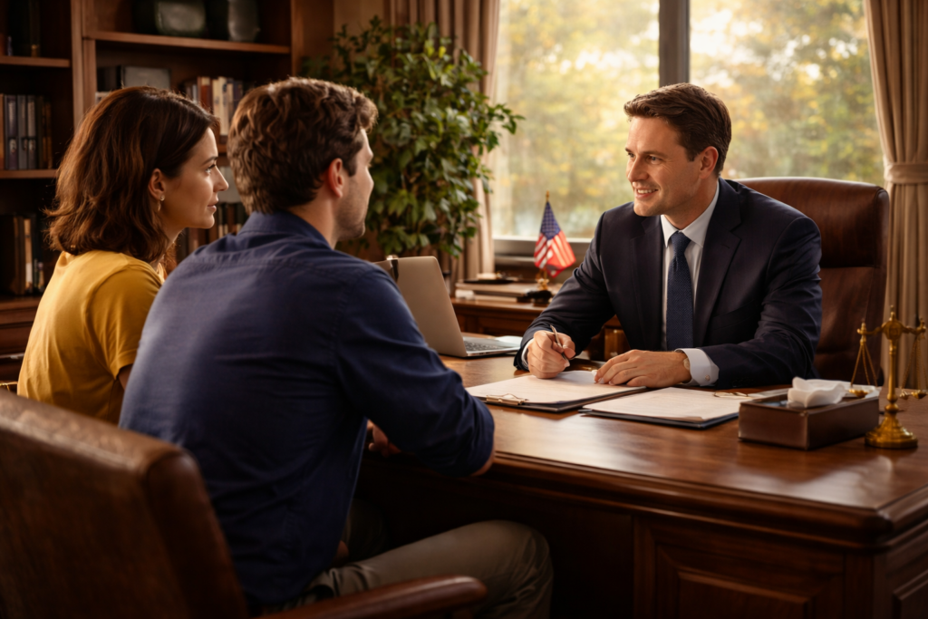 The image depicts a professional law office environment designed for client consultations, featuring warm lighting and comfortable seating arrangements. This inviting space is ideal for discussing important matters such as child custody, child support, and other family law issues in accordance with Texas law.