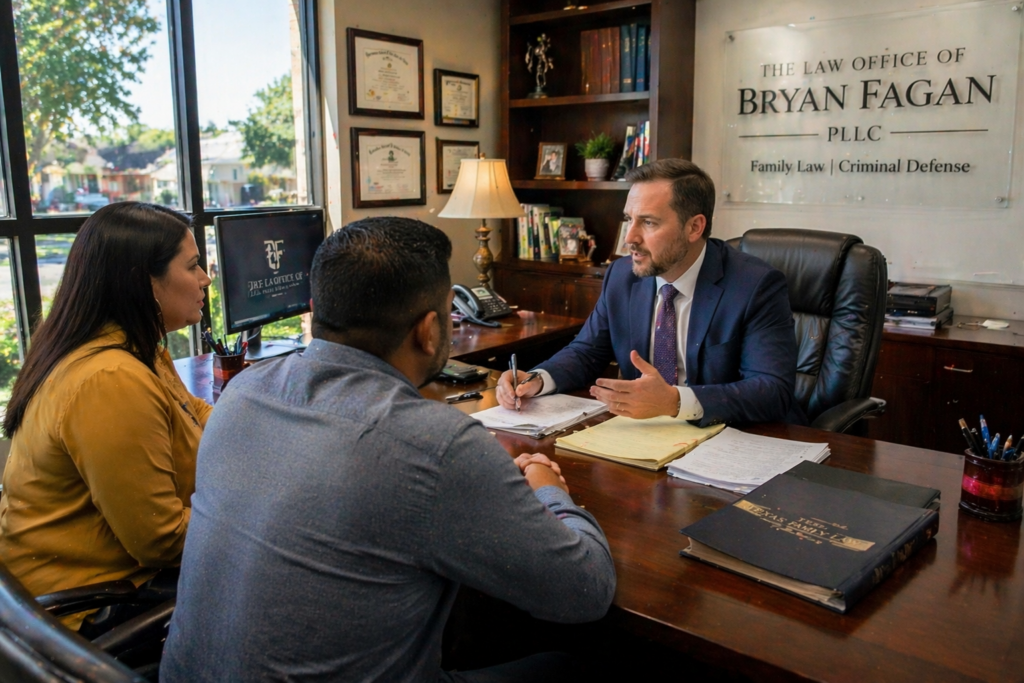 Child Protective Services in Richmond Texas attorney meeting with parents in a law office to discuss CPS case strategy
