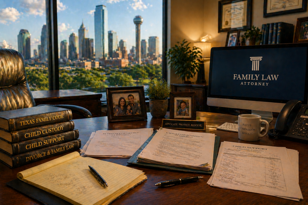 The image depicts a modern office setting featuring a desk cluttered with legal documents related to family law, alongside family photos that create a personal touch. This professional atmosphere suggests a focus on matters such as child custody, child support, and the divorce process, reflecting the essential role of a family law attorney in navigating these complex issues.