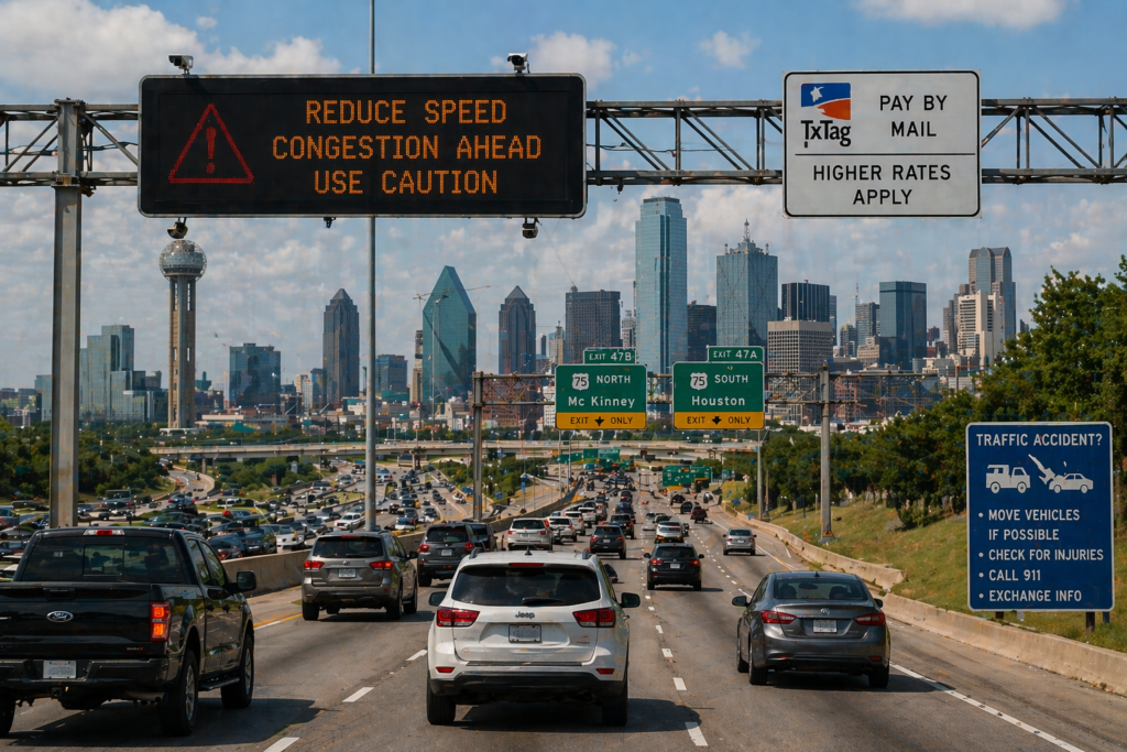 Wide-angle Dallas freeway with heavy traffic, safety warning signs, and skyline in background, illustrating driving risks and legal considerations in Dallas Texas