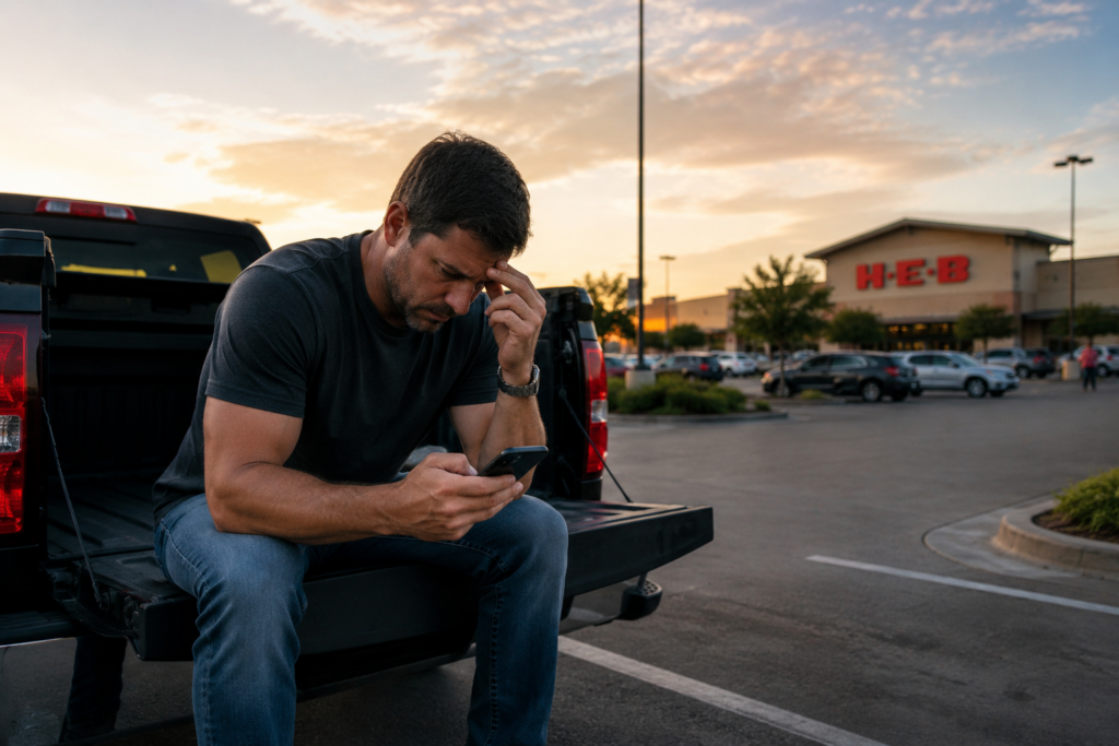 Father sitting in a truck outside a grocery store in Humble, Texas, worried about divorce, alimony, and financial stress during sunset
