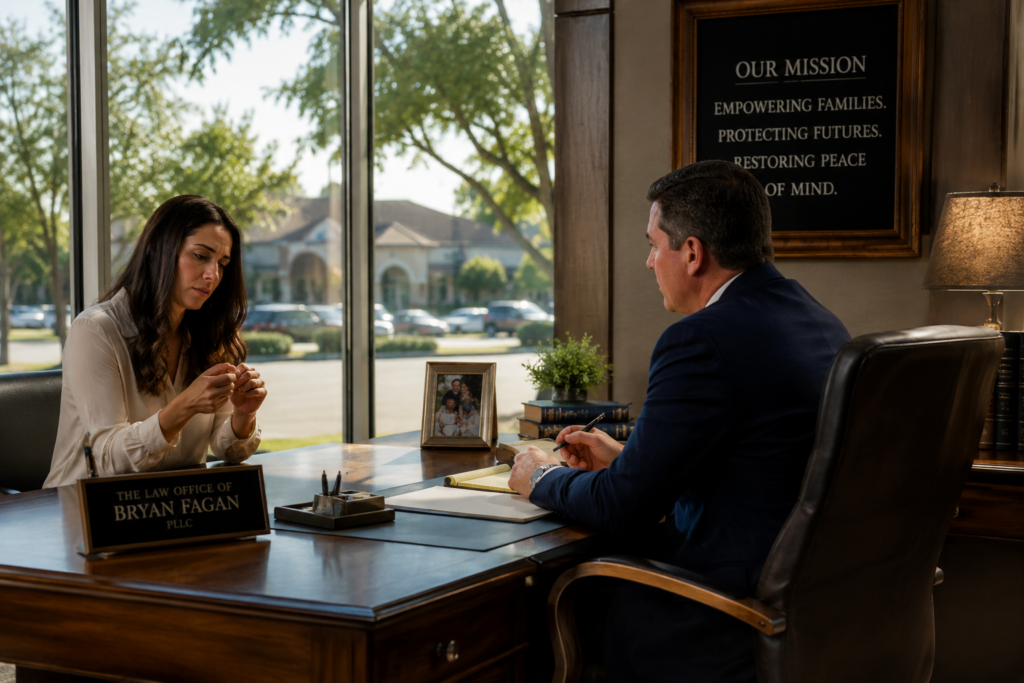 Woman meeting with a Texas family law attorney in a Humble office discussing annulment, divorce, and child custody concerns.