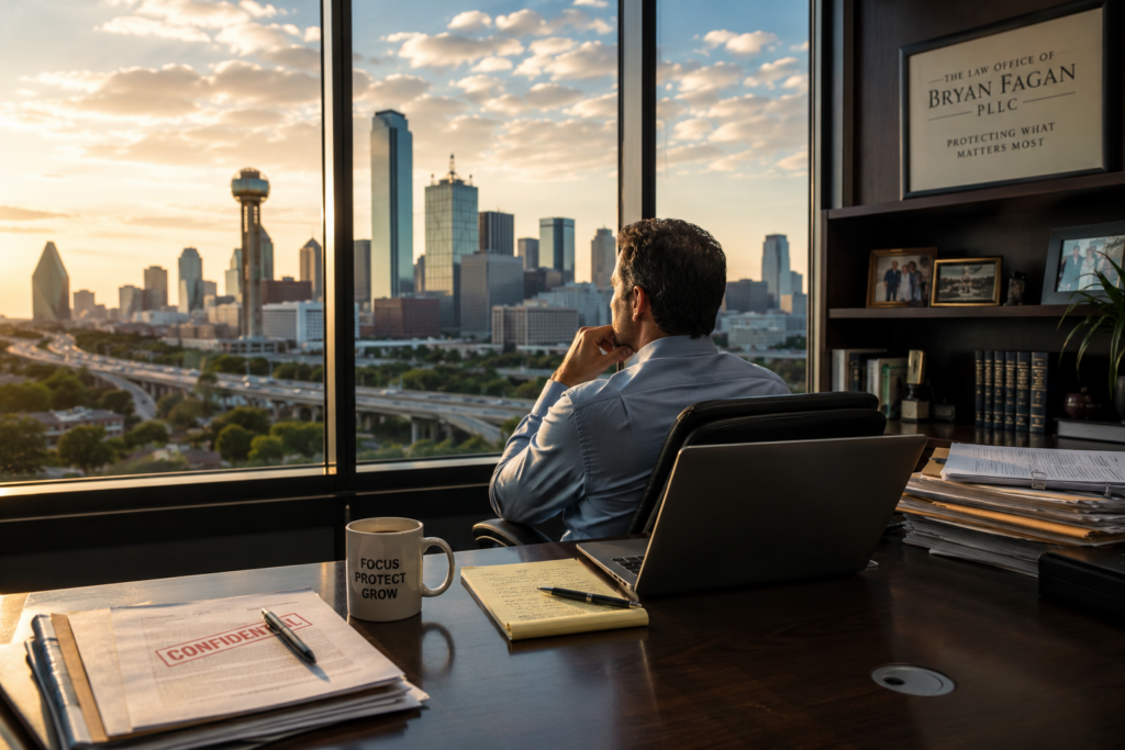 Dallas business owner meeting with attorney reviewing financial documents and business valuation during divorce consultation