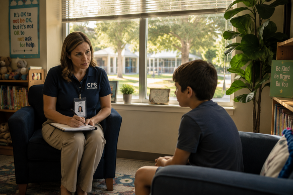 CPS investigator interviewing a child in a private school counseling office during a Texas child protective services investigation