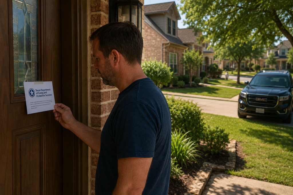 Father reading a Child Protective Services notice on the front door of his Humble, Texas home after work.