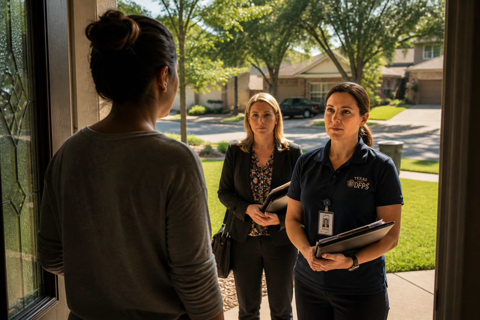 CPS caseworker speaking with parent at front door during Dallas Texas child protective services investigation