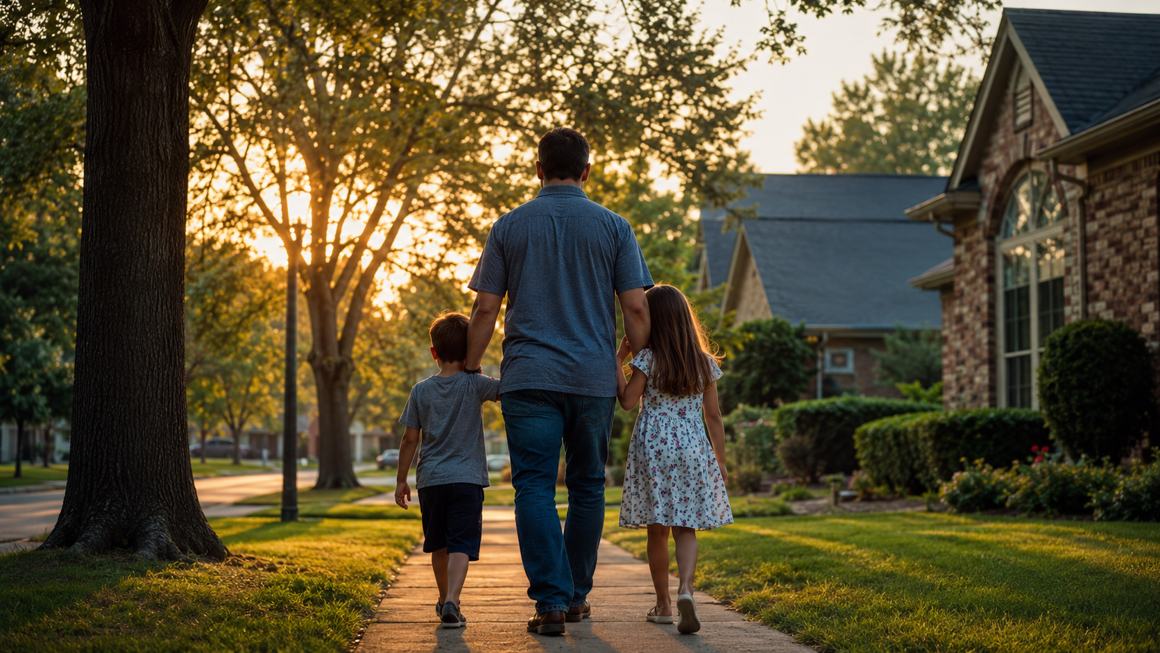 Father walking with his children through a Humble, Texas neighborhood during sunset representing child support and family stability after divorce