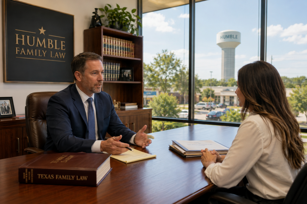 Divorce attorney consulting with a client in a bright Humble, Texas law office during summer, with large windows, cinematic natural light, and the Humble water tower visible in the background.