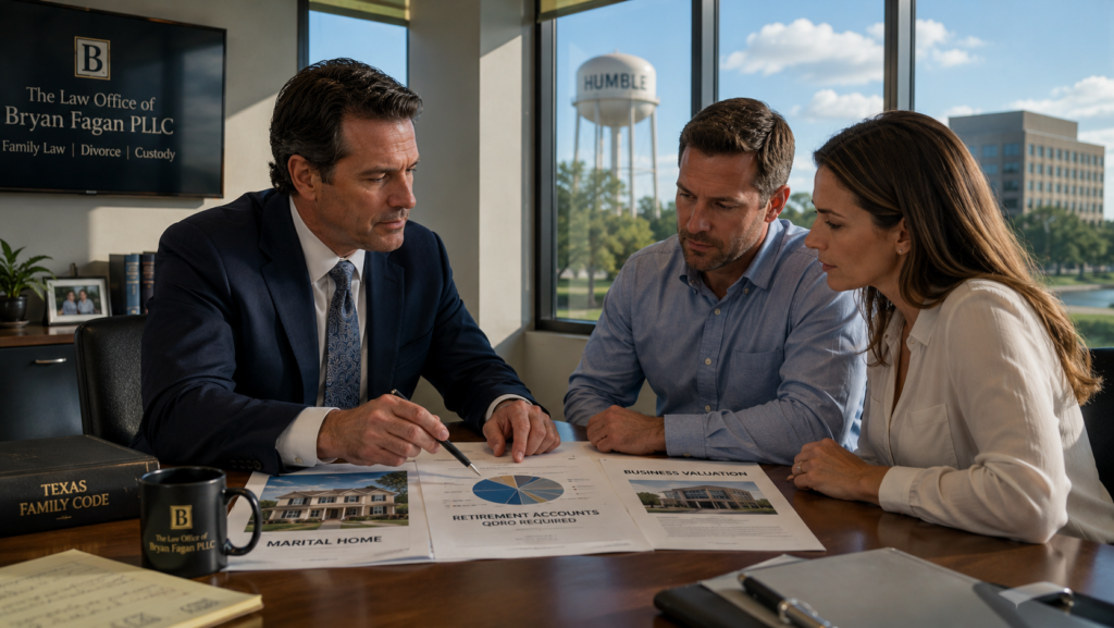 Divorce attorney in Humble Texas reviewing marital home, retirement account, and business asset division documents with a couple during a property dispute consultation