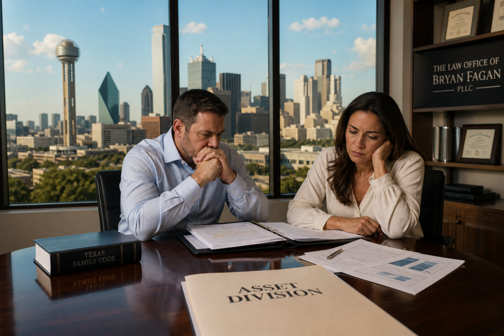 Couple reviewing financial documents with Dallas skyline while discussing divorce asset division with lawyer