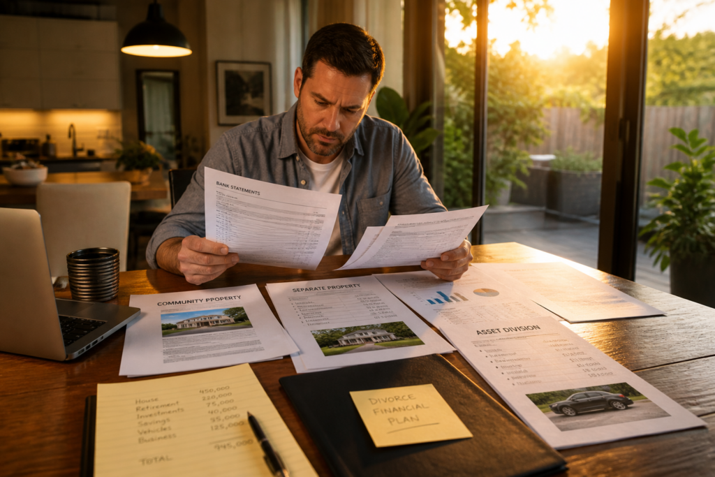 A person is sitting at a table under warm lighting, carefully reviewing various financial documents and property papers, which may include details about community property, separate property, and asset division related to a divorce. This scene highlights the importance of understanding property division issues in a community property state like Texas.
