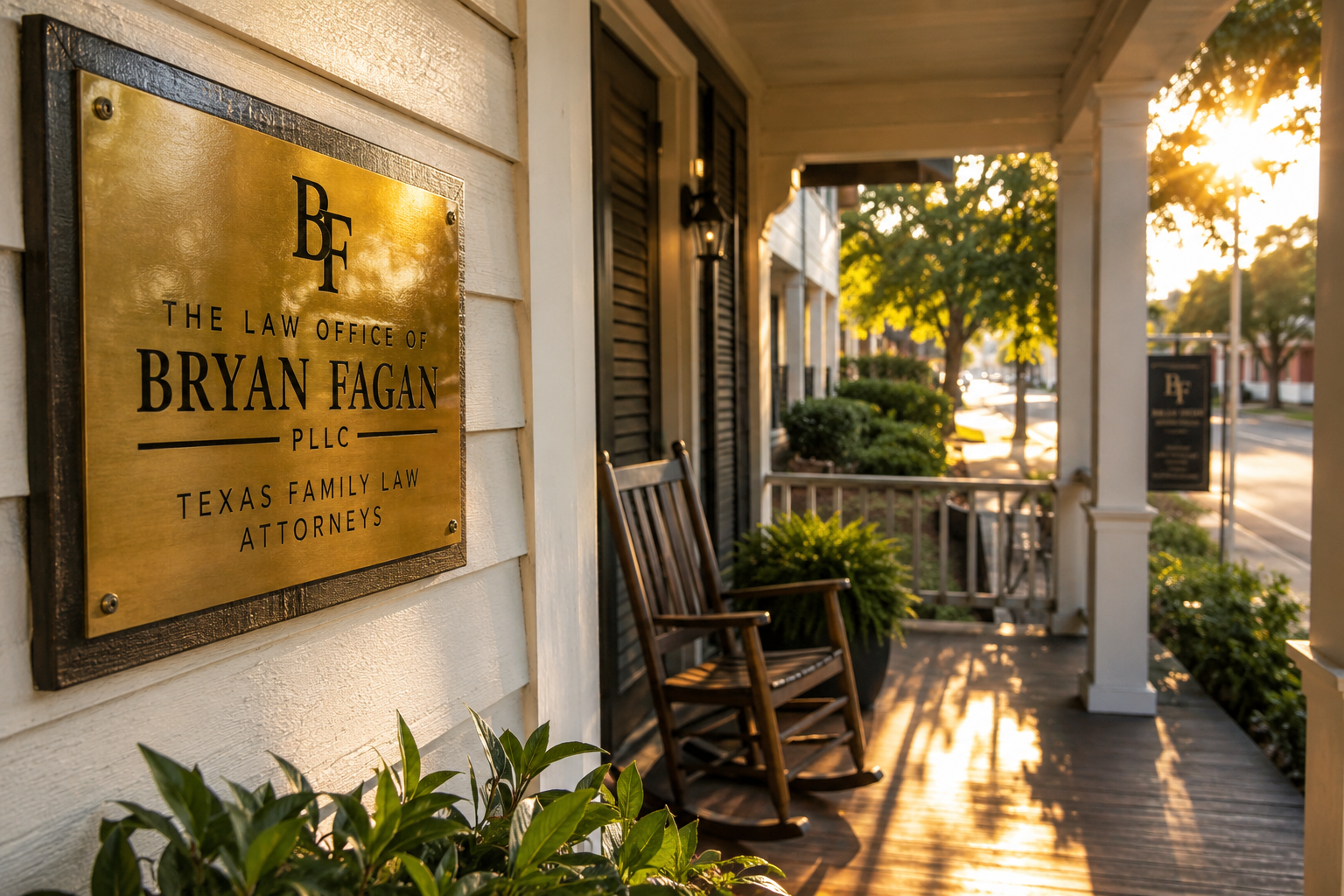 Dallas family law attorney office porch with warm sunlight, representing safe and welcoming legal support for domestic violence and protective order cases
