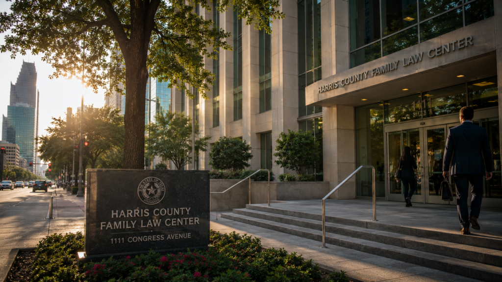 Harris County Family Law Center in downtown Houston representing child support enforcement, custody disputes, and Texas family court proceedings during a warm summer evening