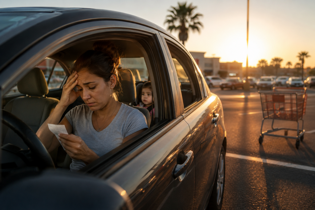 Mother sitting in a car in a Houston grocery store parking lot reviewing bills while her young daughter sits quietly in the back seat during sunset
