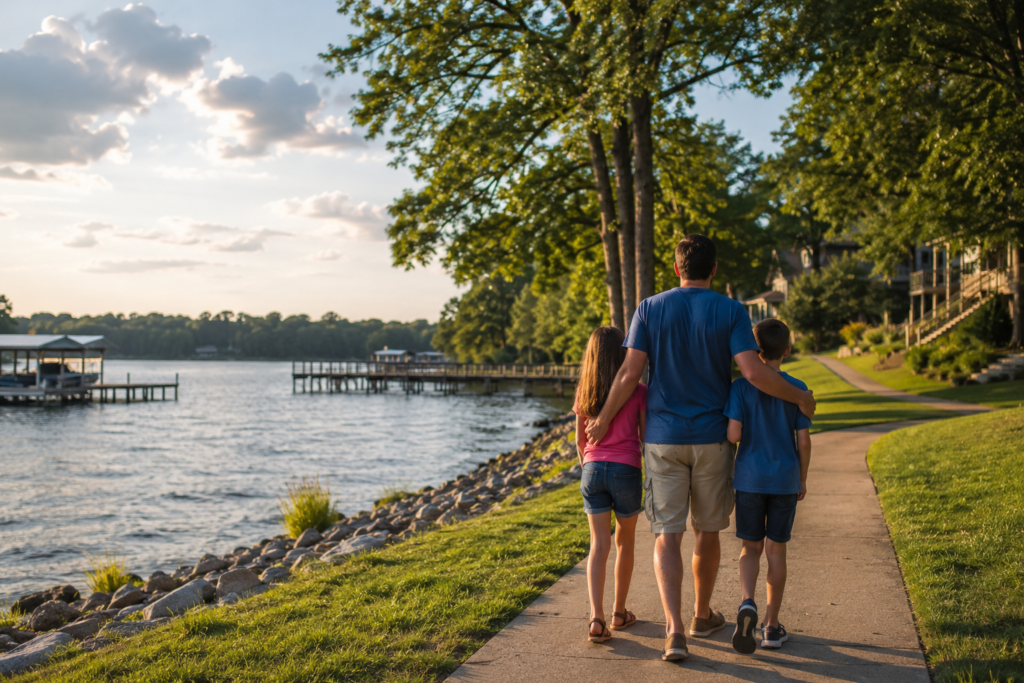 Father walking with his children along Lake Houston during a family law mediation and custody transition in Humble Texas