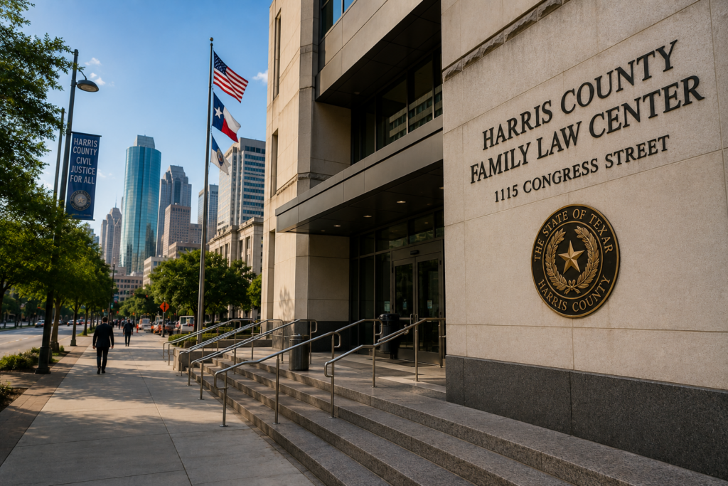 Harris County Family Law Center in downtown Houston where Humble-area divorce and spousal maintenance cases are filed in Texas family district courts during a bright summer day