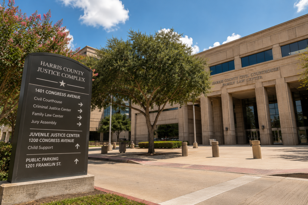 Harris County family courthouse exterior in Texas where Humble and Kingwood residents file uncontested divorce cases and family law documents