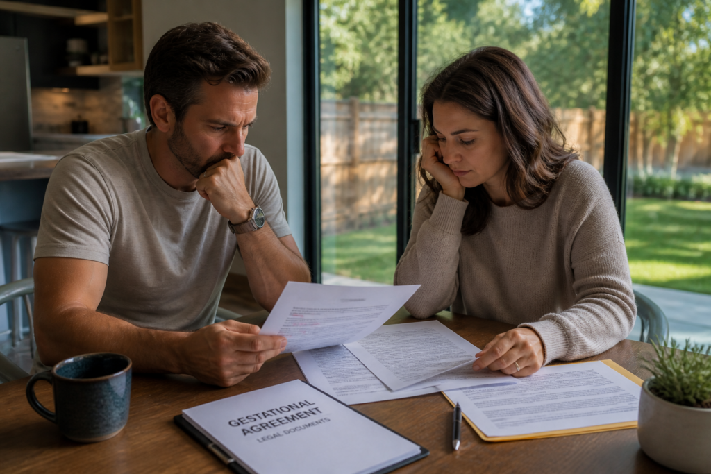 Couple reviewing gestational agreement documents with attorney guidance in Dallas Texas