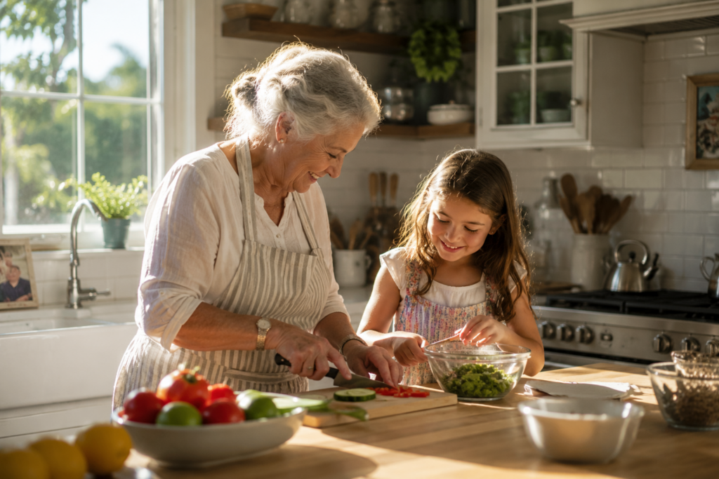 Grandmother and grandchild cooking together in a warm kitchen representing stability and care in Grandparent’s Rights cases in Dallas Texas