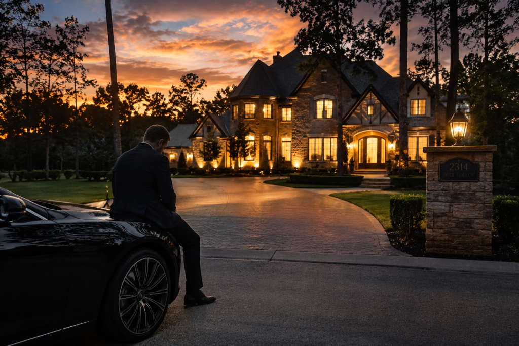 Man sitting alone outside a luxury Kingwood Texas home at sunset during a high net worth divorce