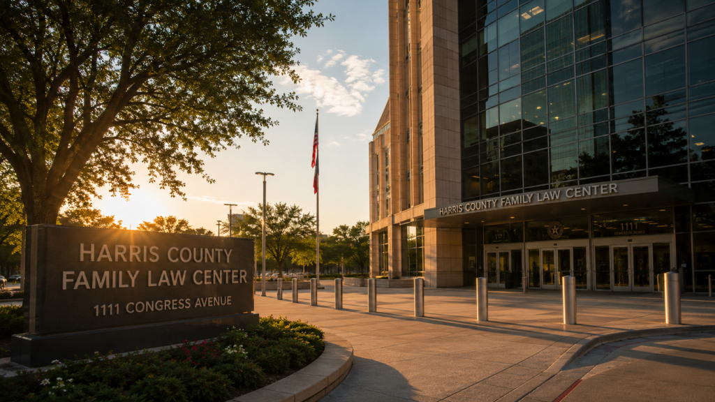 Harris County Family Law Center in downtown Houston during sunset representing child support, custody, and family court proceedings in Texas