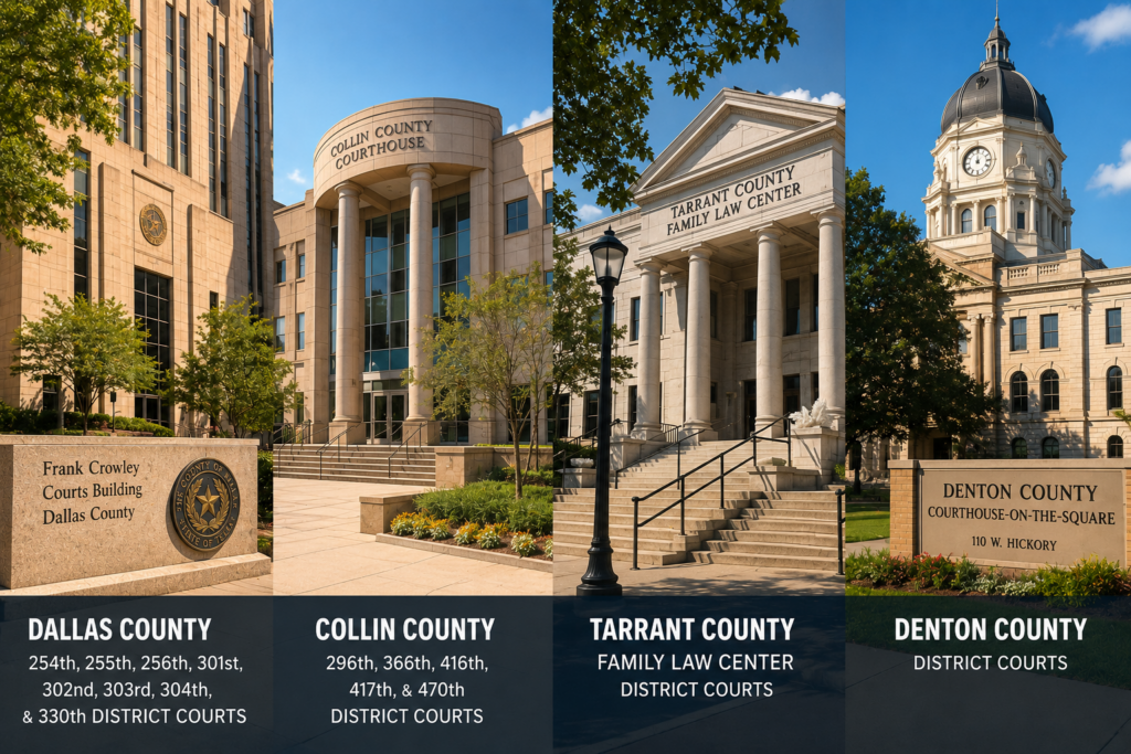 Wide-angle view of Dallas, Collin, Tarrant, and Denton county courthouses illustrating differences in Texas family court systems