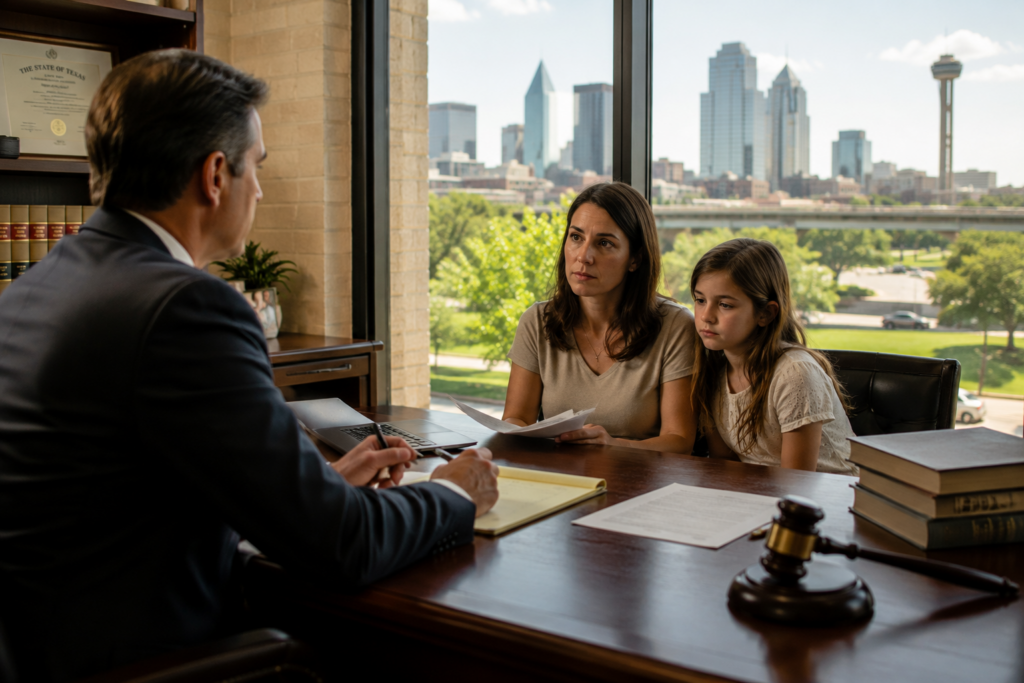 Attorney meeting with a mother and child in a Dallas office, discussing custody and legal protection after family violence